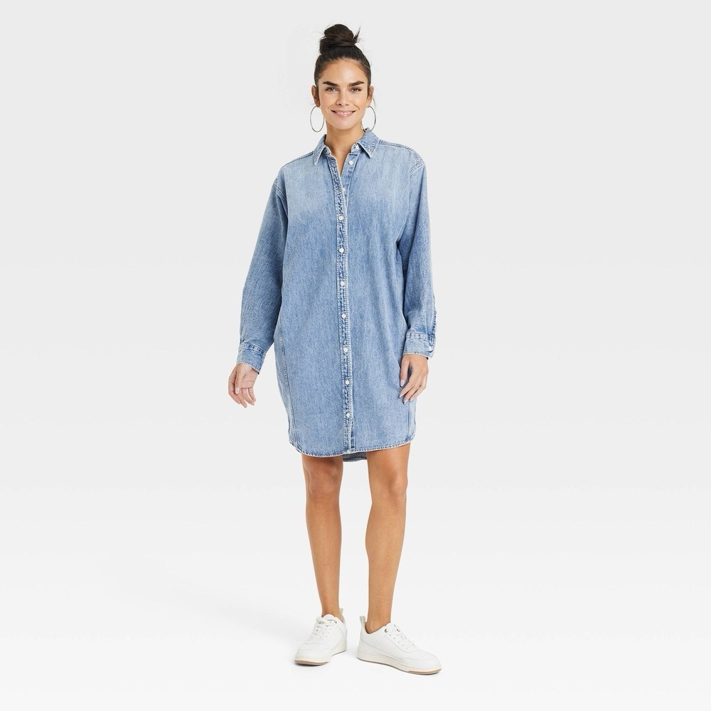 Women's Long Sleeve Mini Shirtdress - Universal Thread™ Indigo S‎
